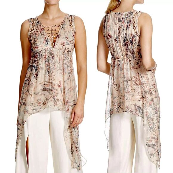 Haute Hippie Tops - Haute Hippie Runway Silk Top Womens 10 Floral Ring Trim Asymmetric‎ Hem Blouse